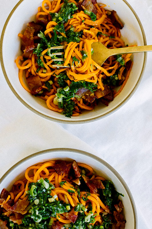 Sweet Potato Noodles with Chimichurri and Bacon