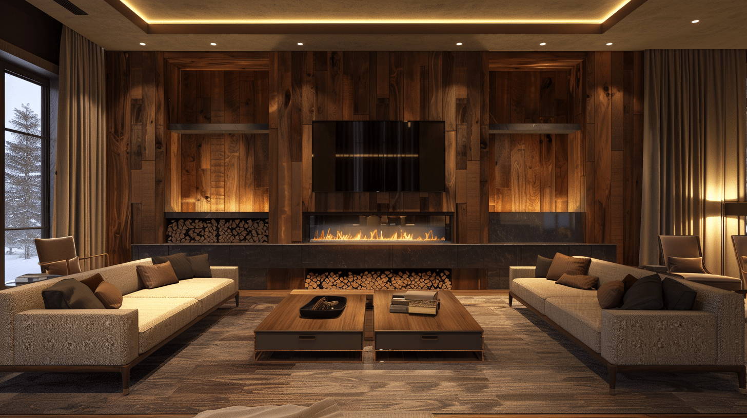 Electric_Fireplace_with_TV_Above_on_Wooden_Paneling