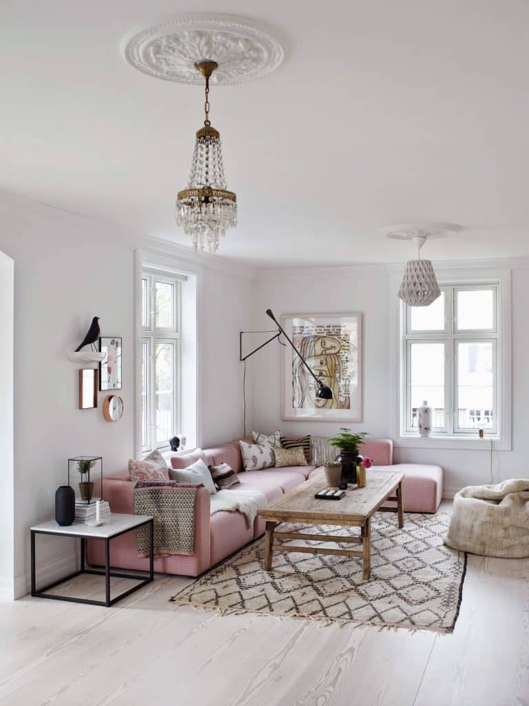 Blush Pink Sofa and Copper Accessories