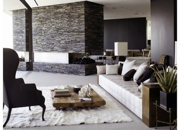Industrial Living Room with Stone Walls
