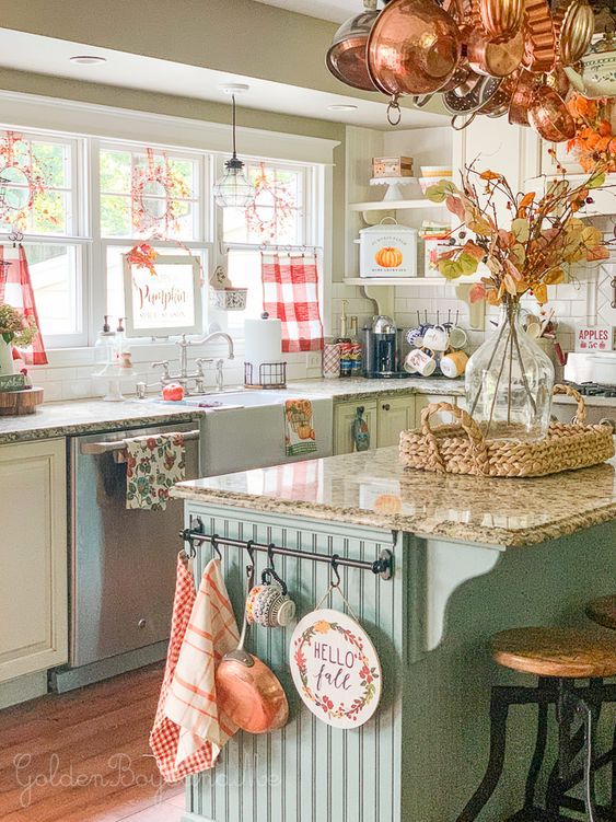 A decorative fall look with tea towels and dishes