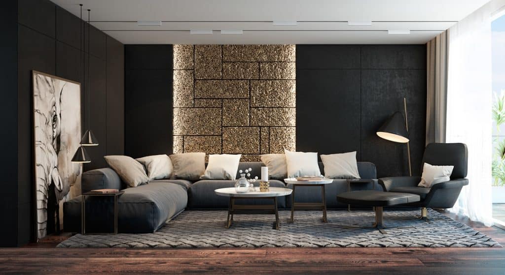 Beautiful Black And Gold Living Room-With-Sectional Couch Gold Accent Wall And Large Area Rug