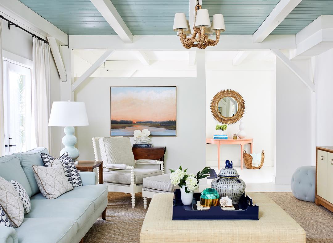 Coastal Living Room with Painted Blue Ceiling
