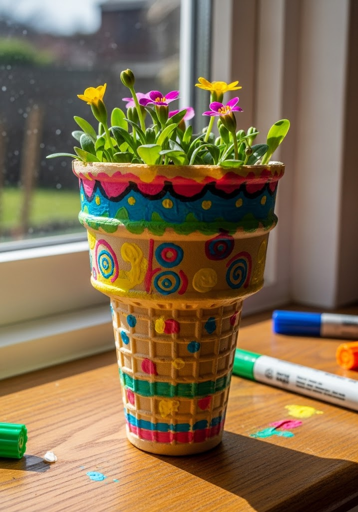 DIY Waffle Cone Ice Cream Flower Pots