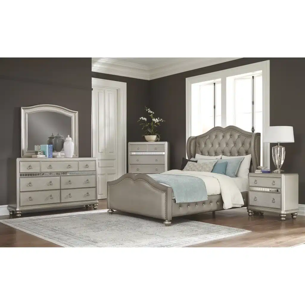 Isabella Metallic 4 piece Bedroom Set with 2 Nightstands and Dresser