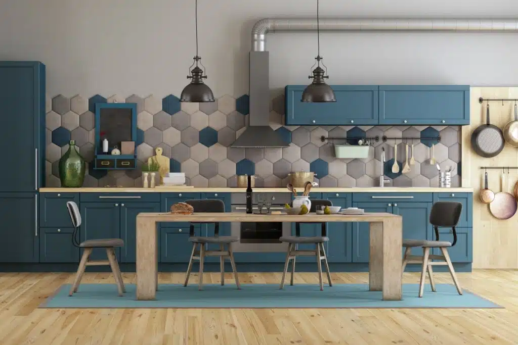 blue tan midcentury modern kitchen tiles