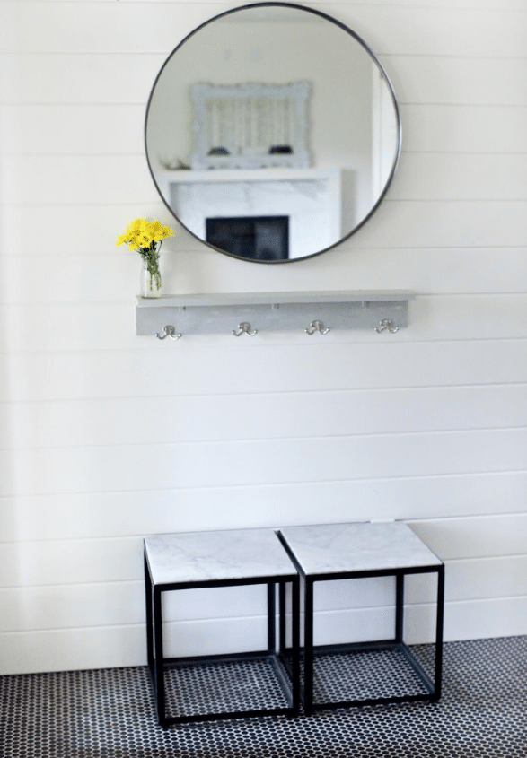 Contemporary Marble and Tile Entryway with a Mirror on Wall