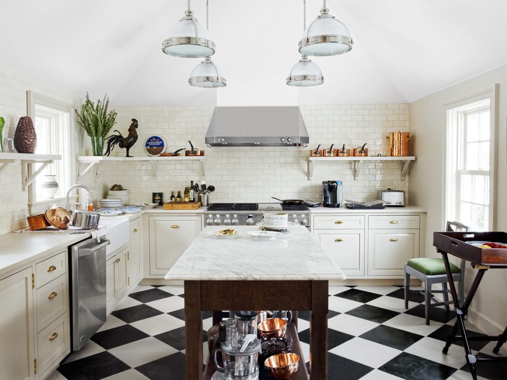 kitchen black and white floor tiles 