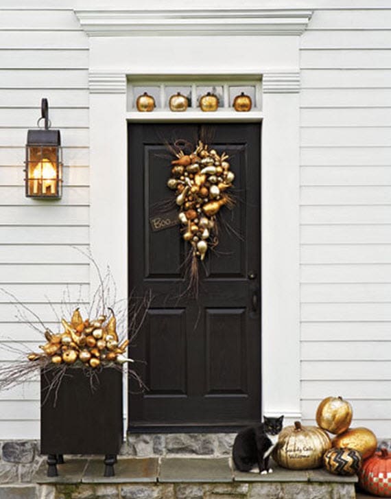 metallic fall wreath on the door