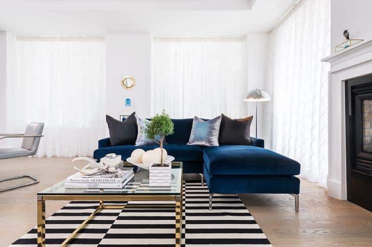 sapphire blue velvet sofa chaise lounge black pillows