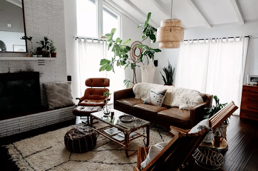 midcentury modern boho living room