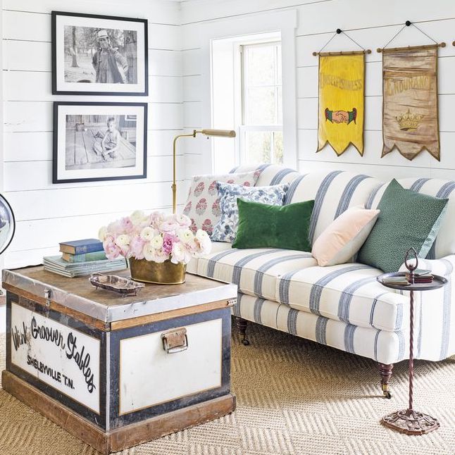 Shiplap Walls with Striped Sofa