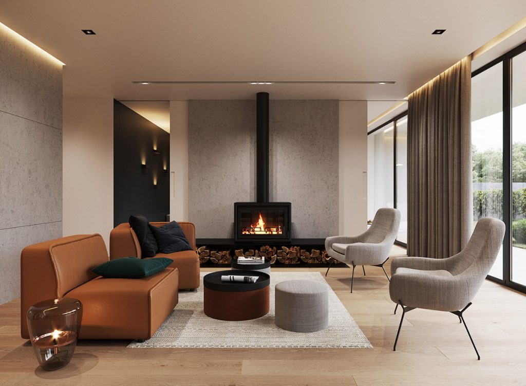 Gray Contemporary Living Room With Fireplace And Brown Leather Chairs