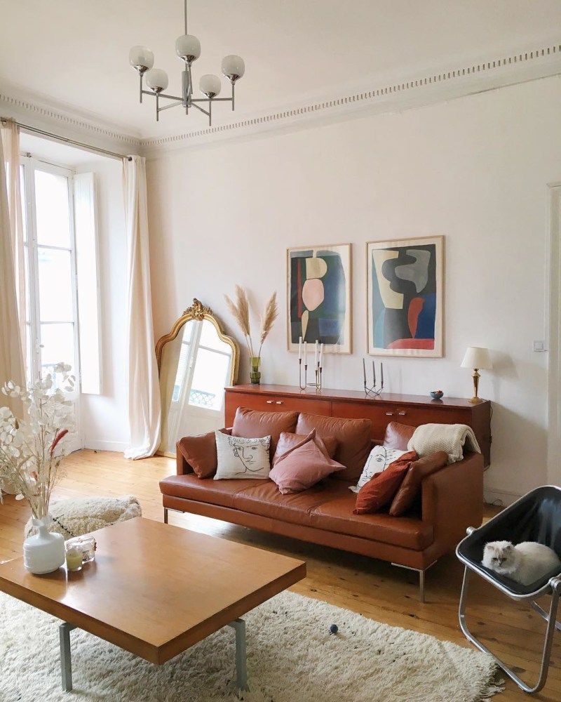 Parisian living room with leather sofa