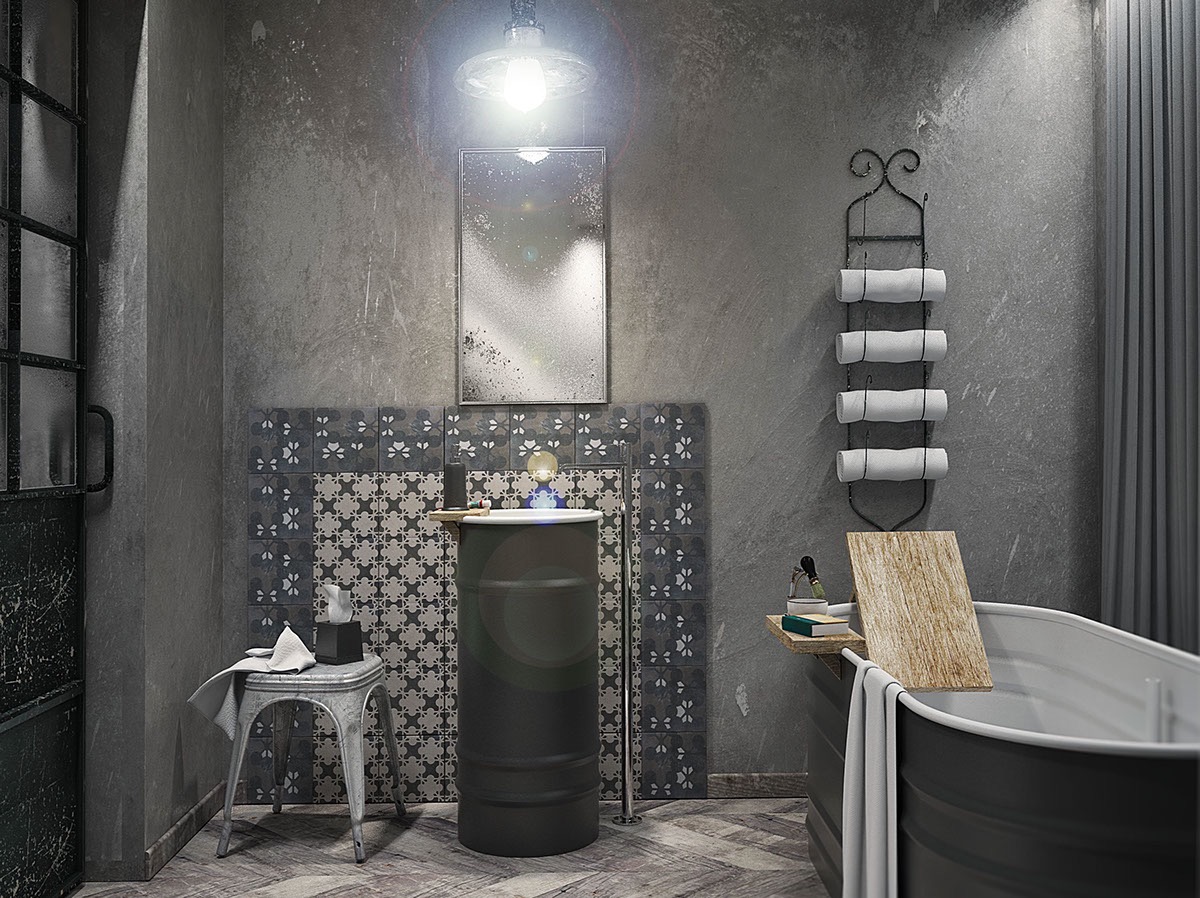 Patterned Tile on Raw Concrete industrial bathroom