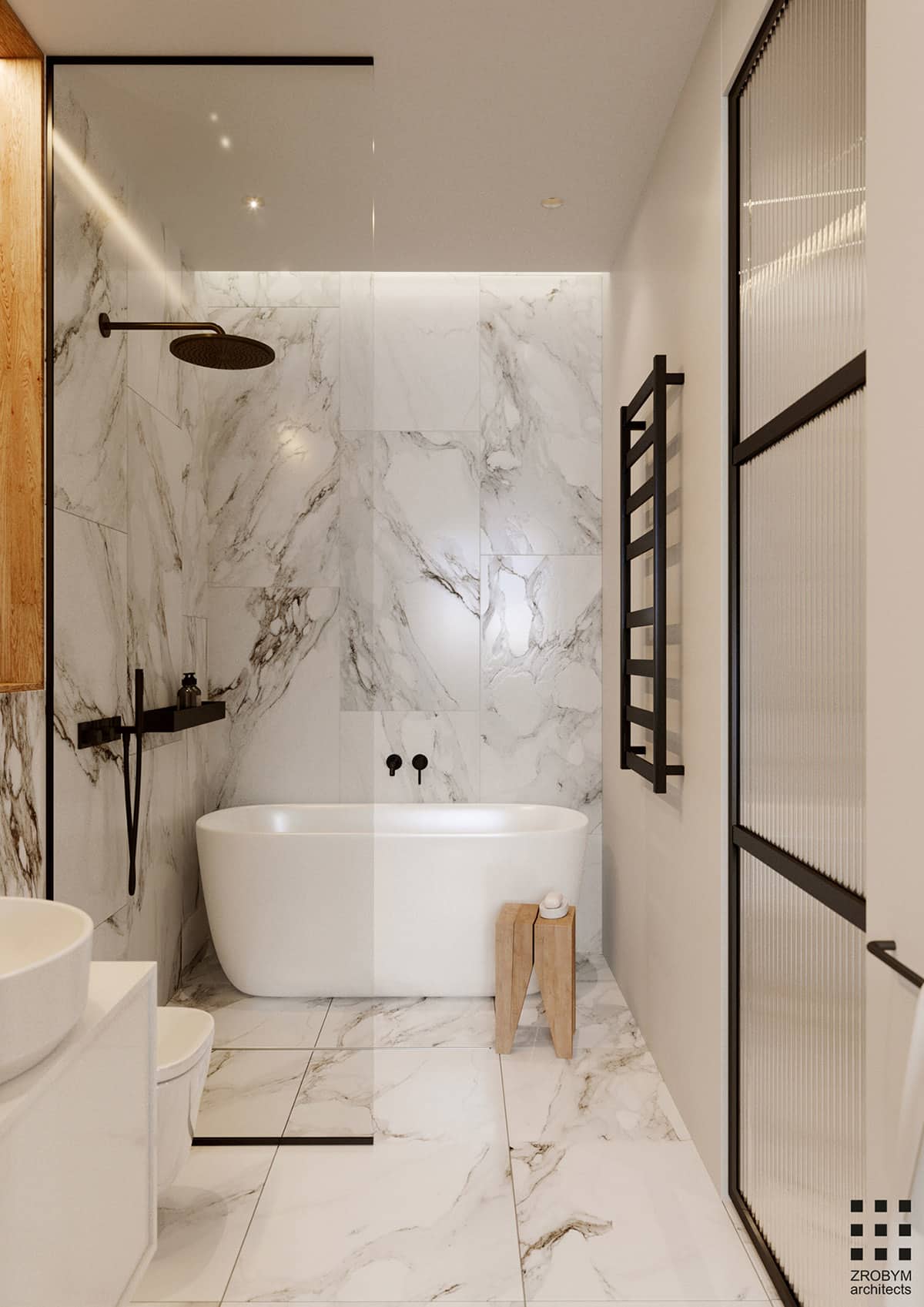 marble bathroom with black tap
