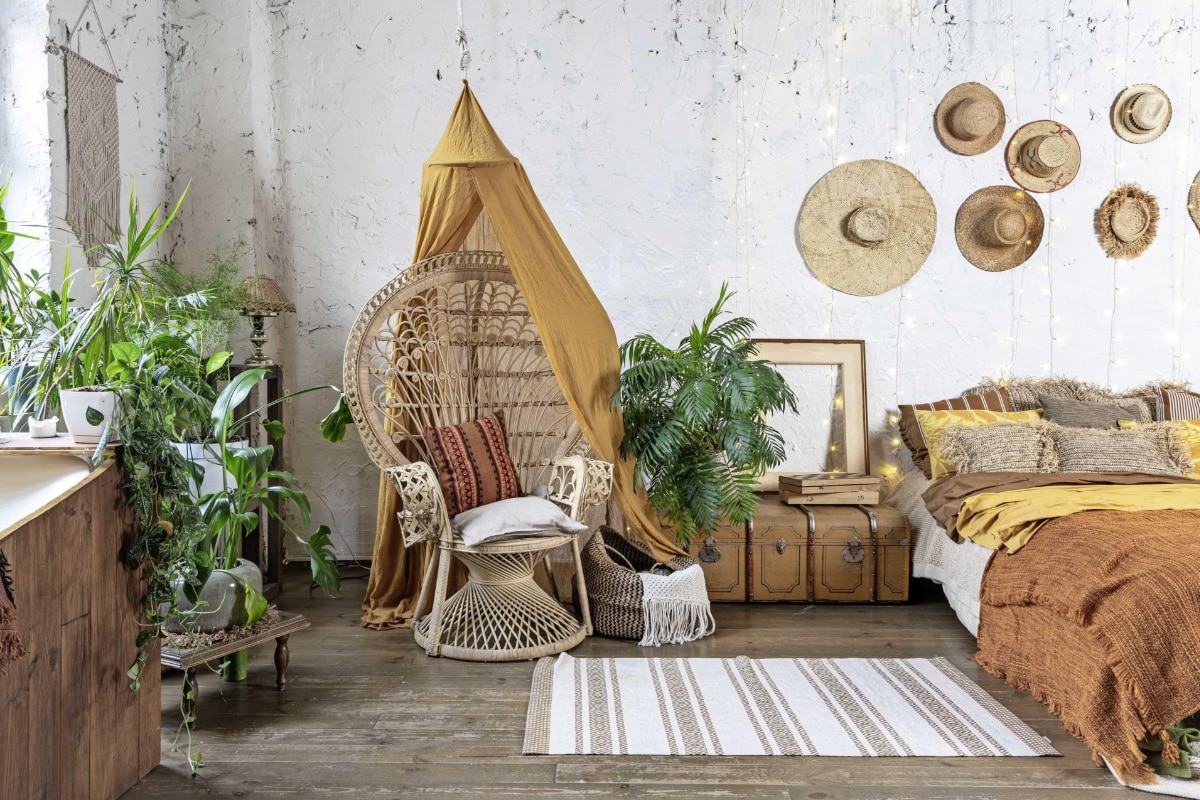 Elegant And Quiet Bohemian Room With Cozy Interior Wicker Chair 
