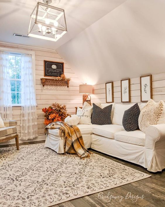 shiplap living room with beige couch pillow