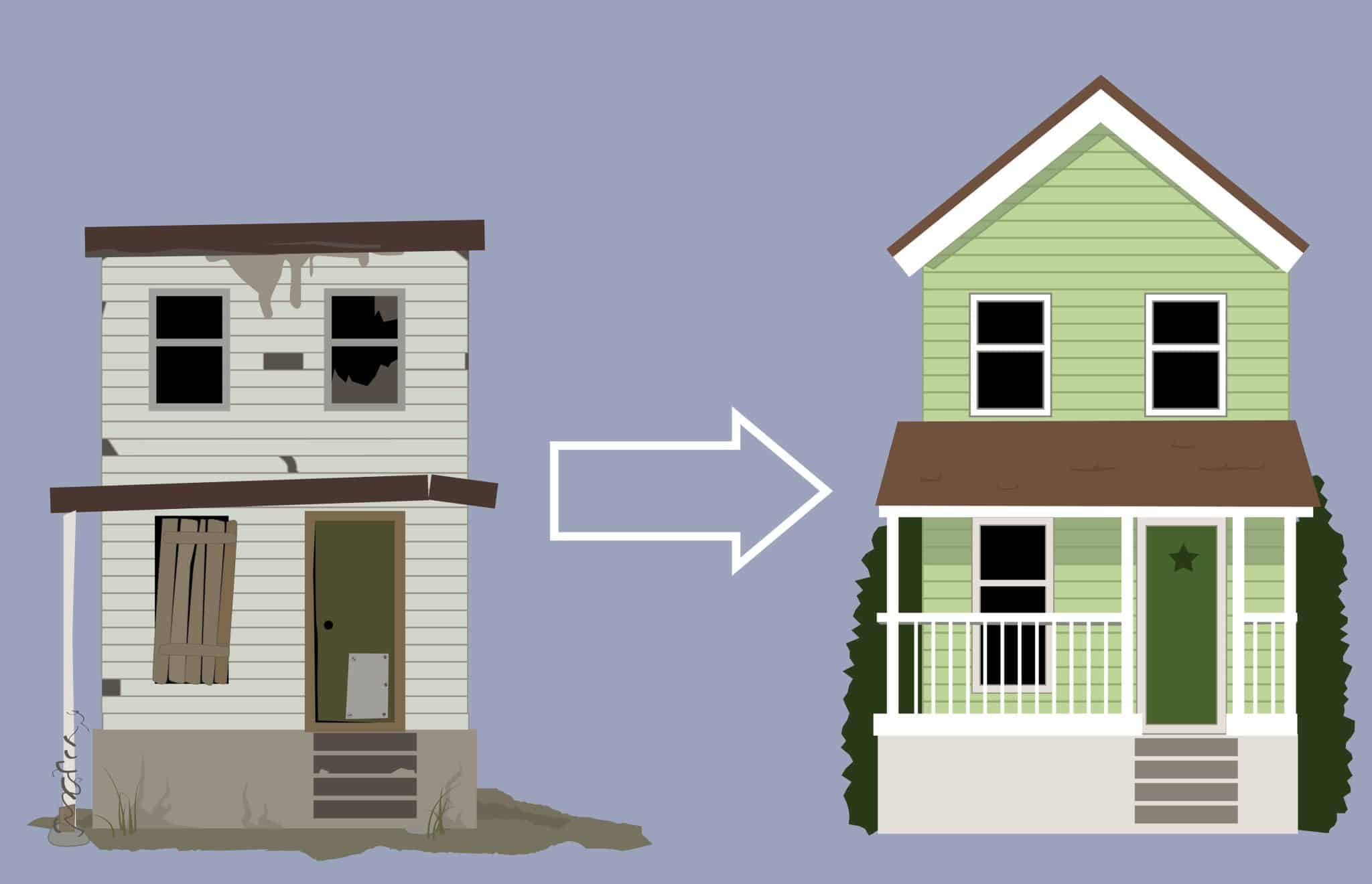 Old, rundown house turned into a nice new home, EPS 8 vector illustration