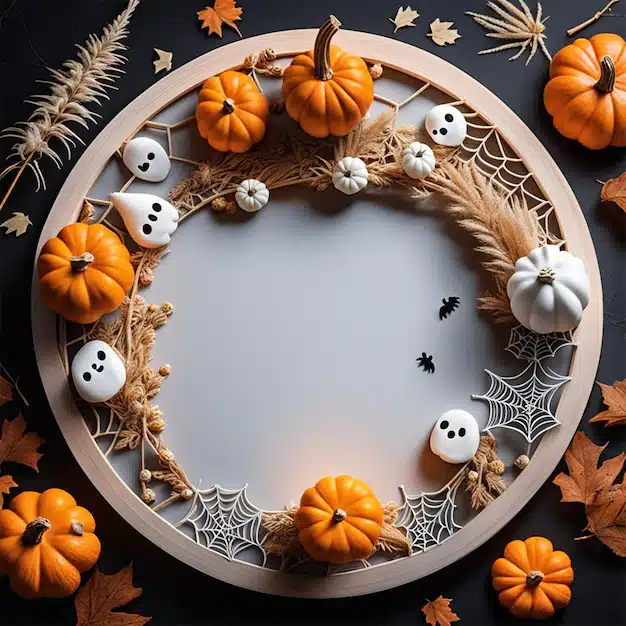 Halloween-themed wreath made of pumpkins and leaves arranged in a circular frame. Spooky Bohemian Wreathes