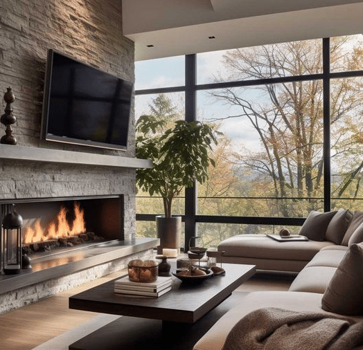 A Cool Tv Set, a Firelight Place, and a Leather Sofa Set