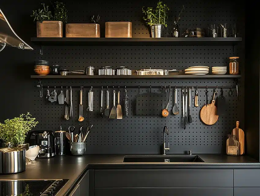 Black Accent Wall with a Pegboard for Hanging Utensils