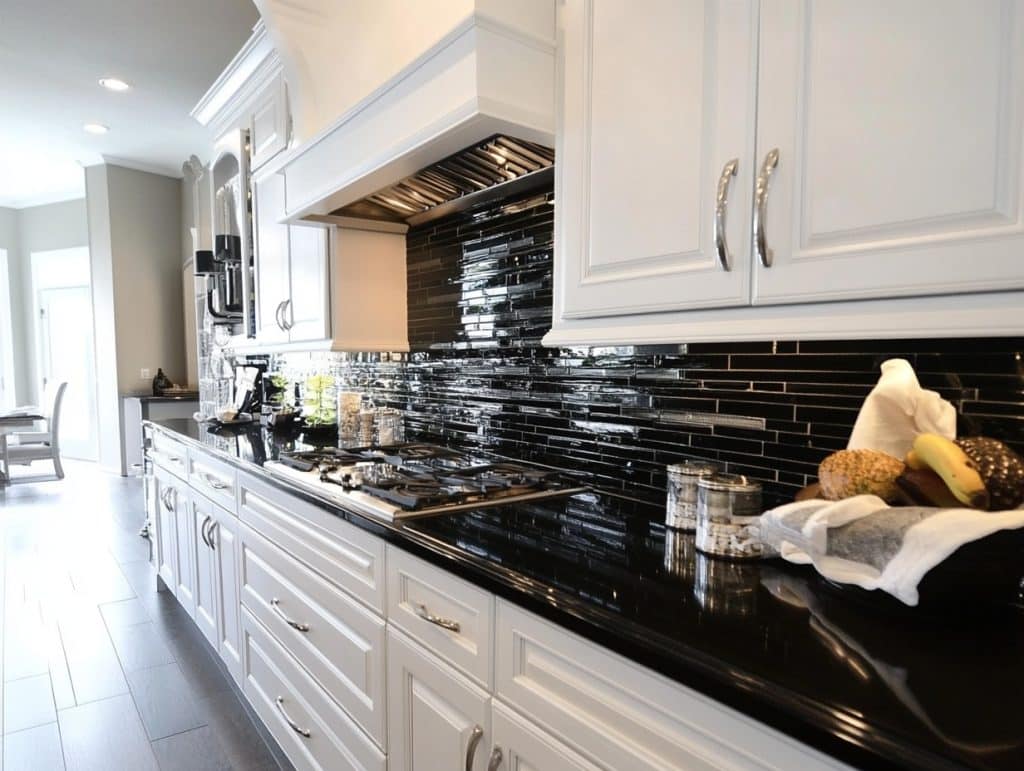 Black Backsplash Wall with Glossy Tiles
