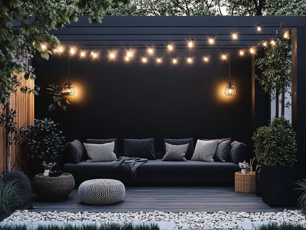 Black Outdoor Accent Wall with String Lights