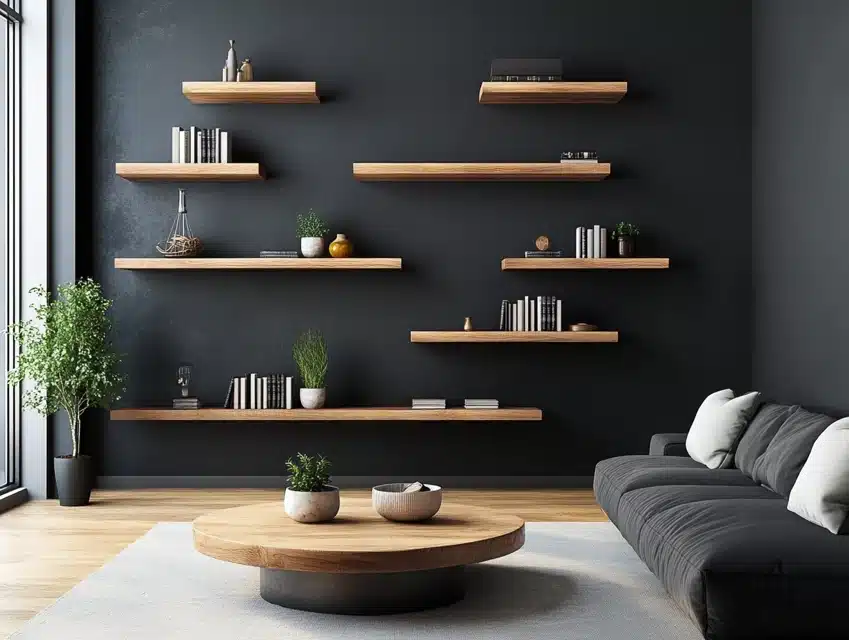 Black Painted Behind Floating Wooden Shelves