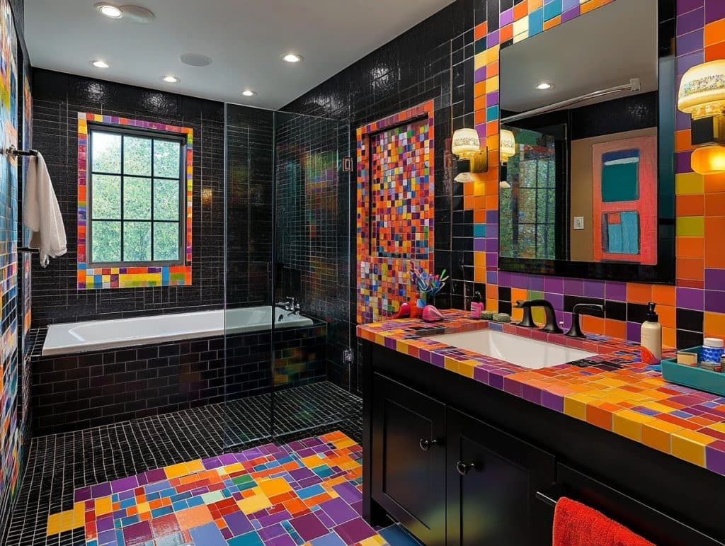 Black-Painted Wall with Contrasting Bright Tiles