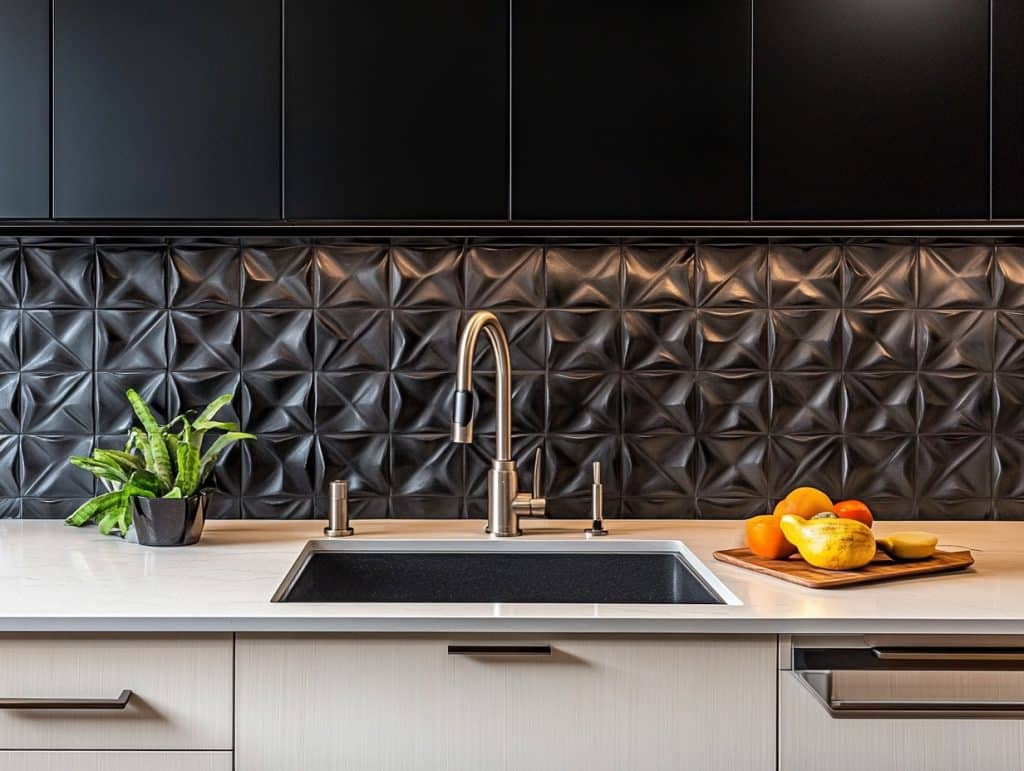 Black Textured Tiles Behind the Sink
