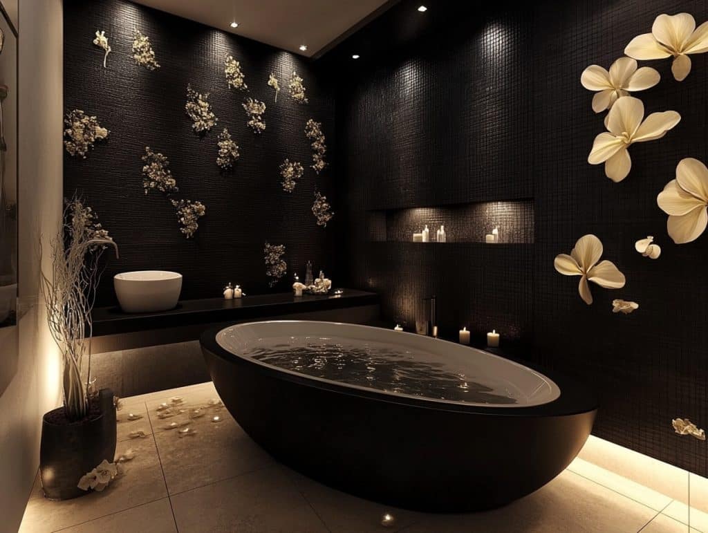 Black Wall Behind a Freestanding Bathtub