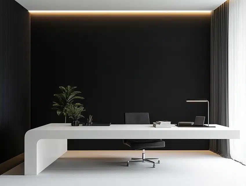 Black Wall Behind a Minimalist White Desk