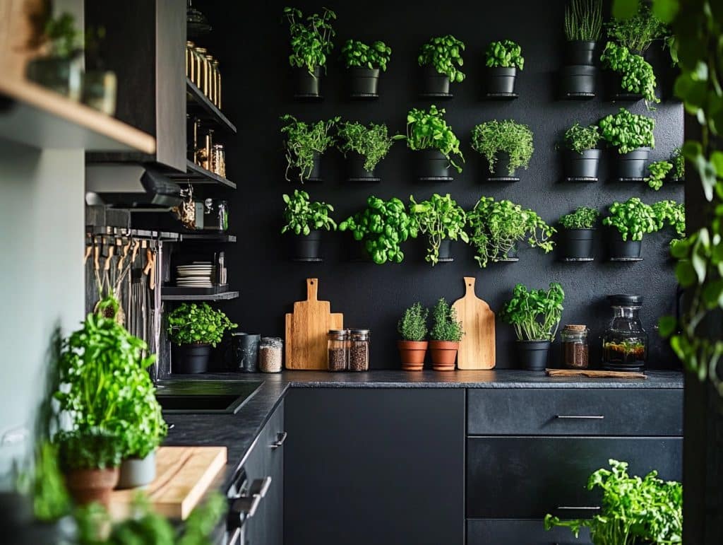 Black Wall Featuring a Gallery of Small Potted Plants