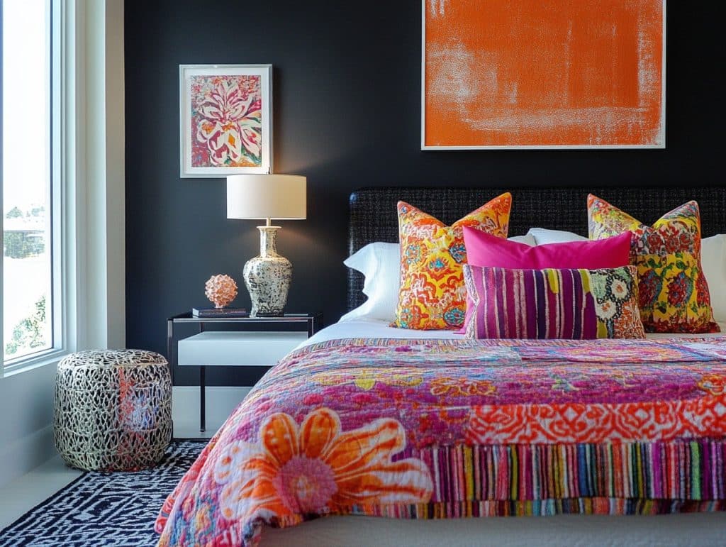 Black Wall with Contrasting Bright Bedding