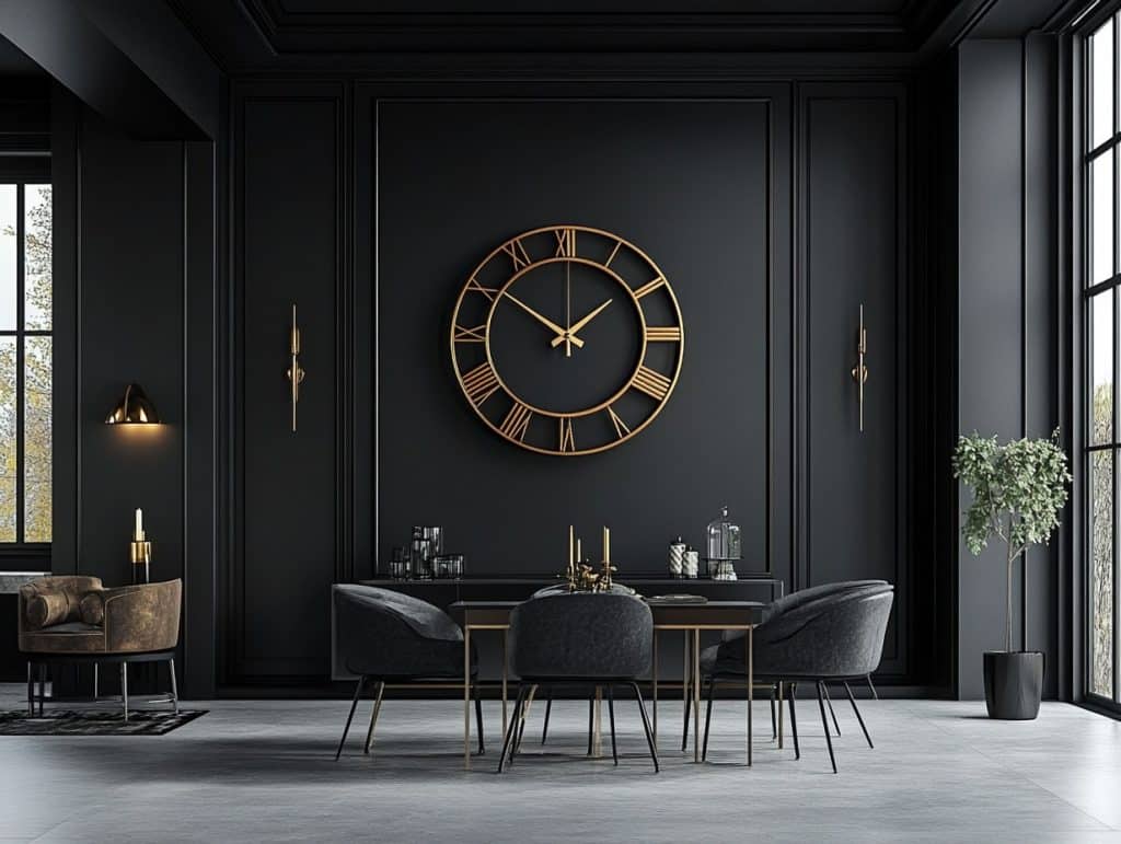 Black Wall with Large Clock Centerpiece