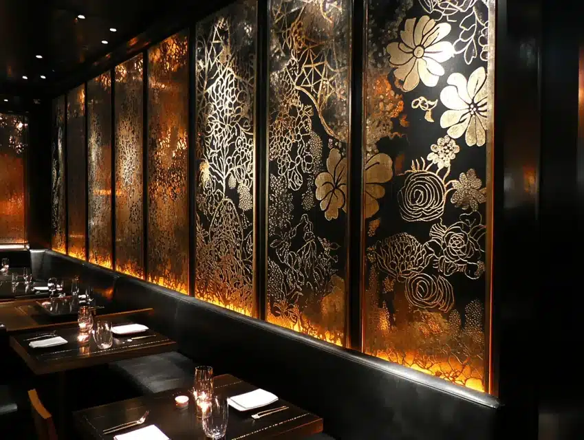 Black Wall with Metallic Stencils for a Dramatic Effect
