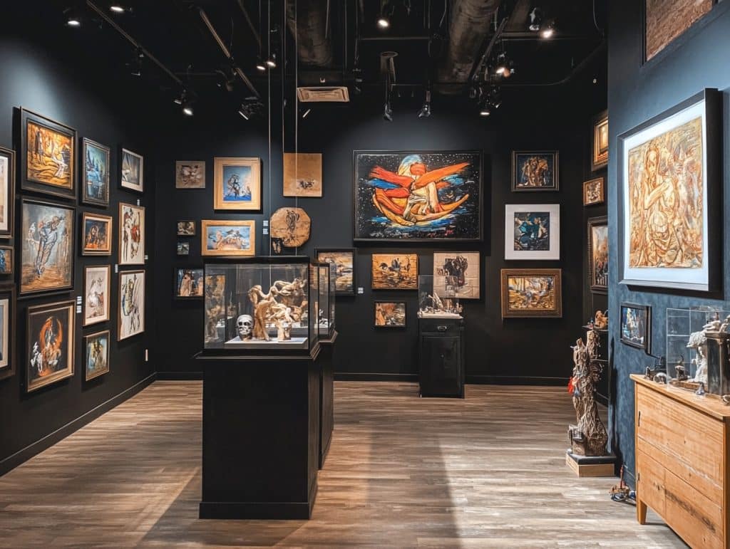 Black Wall with Mixed Media Art Installations