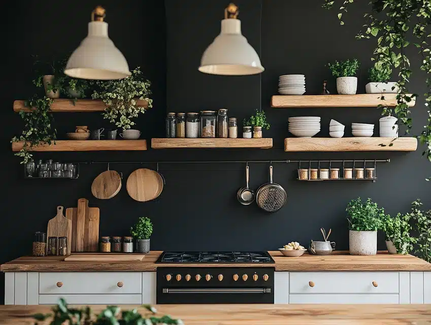 Black Wall with Open Wooden Shelving for a Modern Farmhouse Vibe