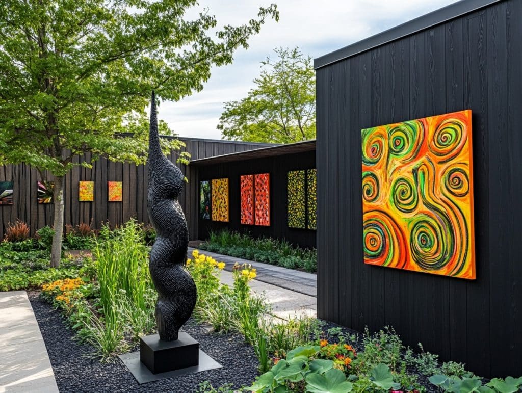 Black Wall with Outdoor Art or Sculptures