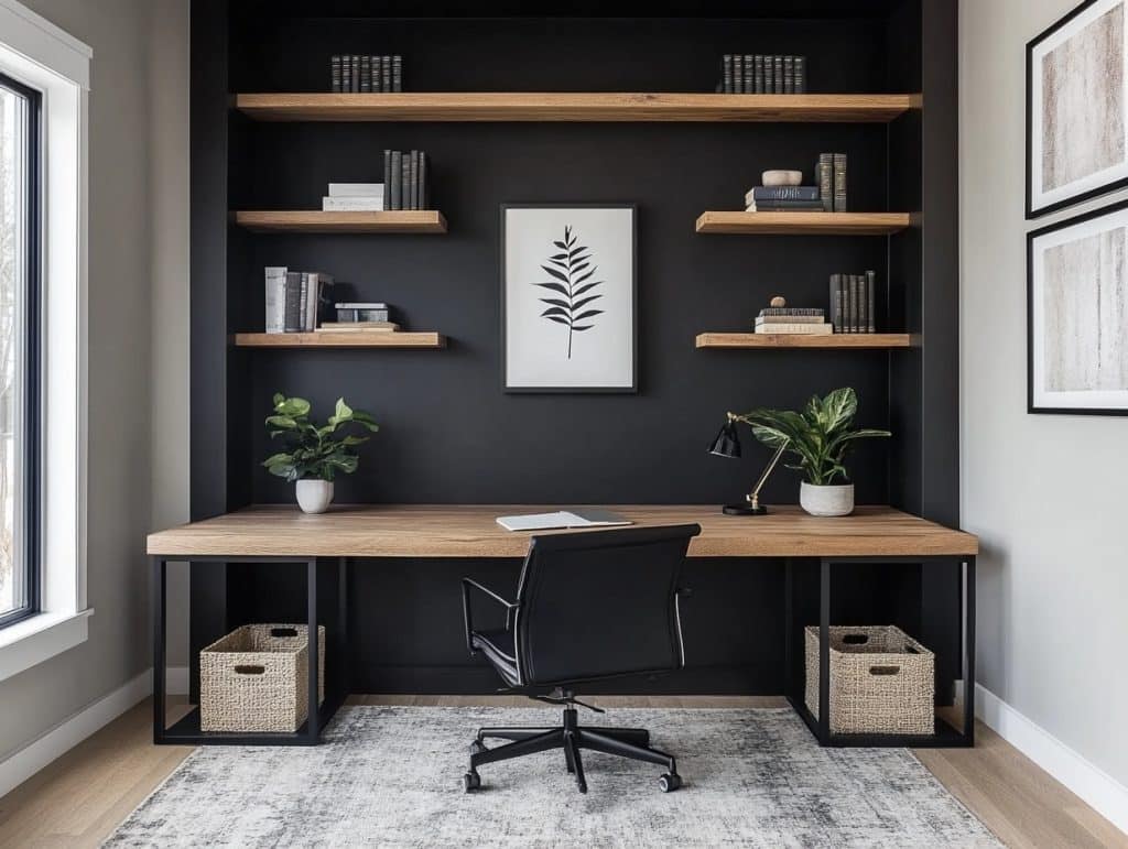 Black Wall with a Built-in Desk and Shelves
