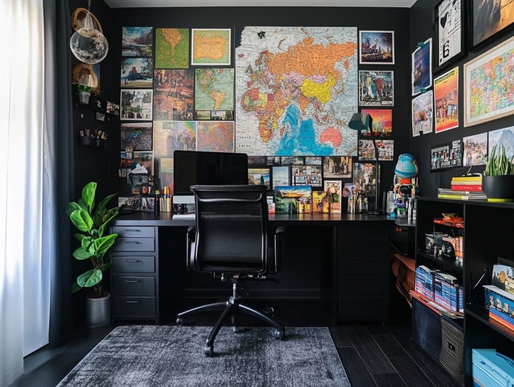 Black Wall with a Collage of Maps or Travel Photos