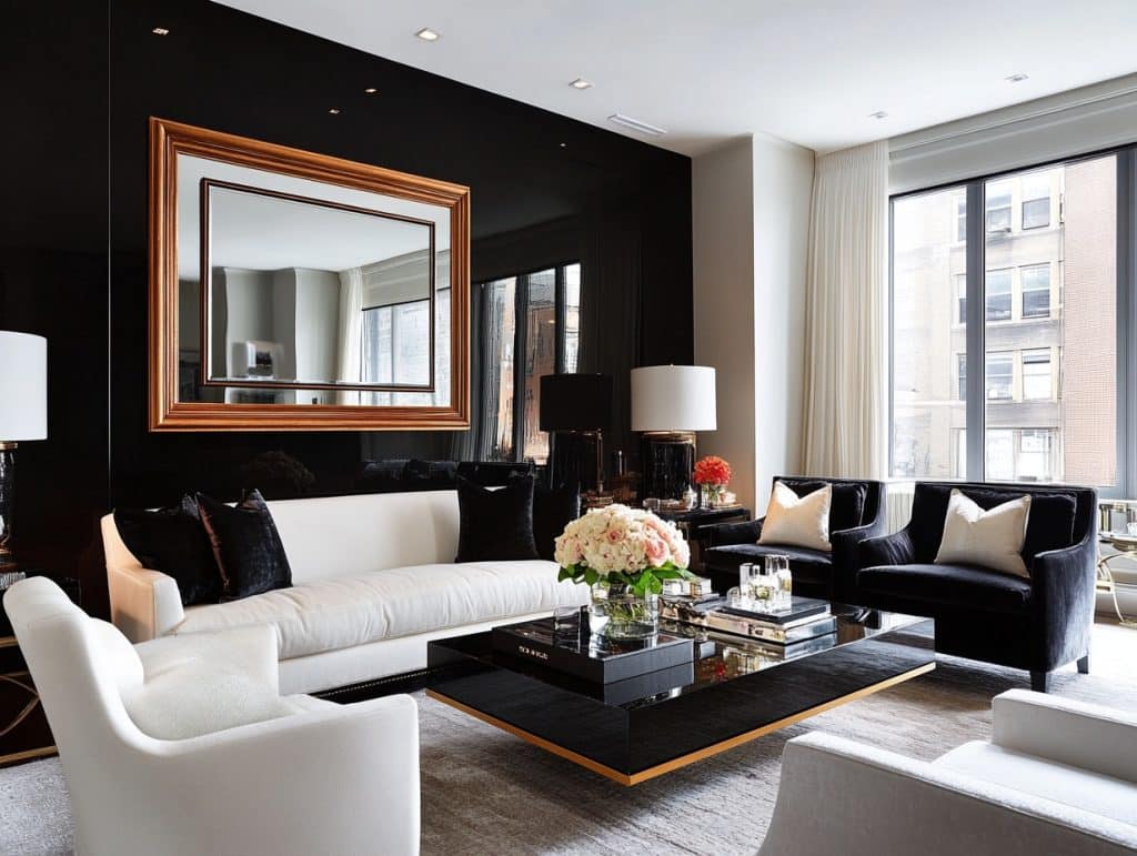 Black Wall with a Large Framed Mirror Centerpiece