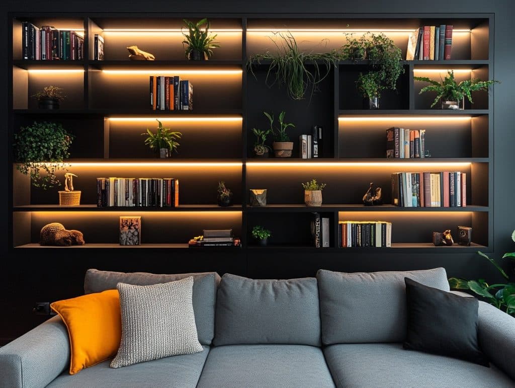 Black with Built-In Shelving and LED Lighting