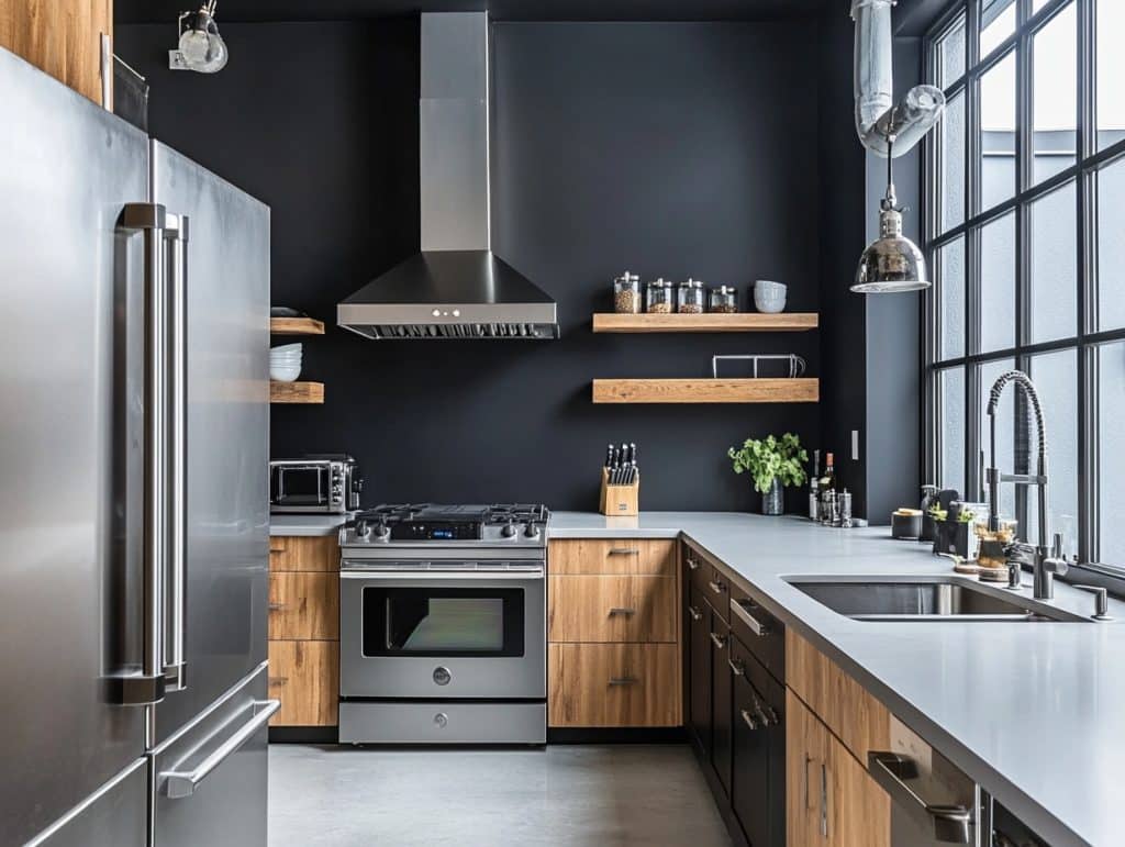 Matte Black Wall Paired with Stainless Steel Appliances