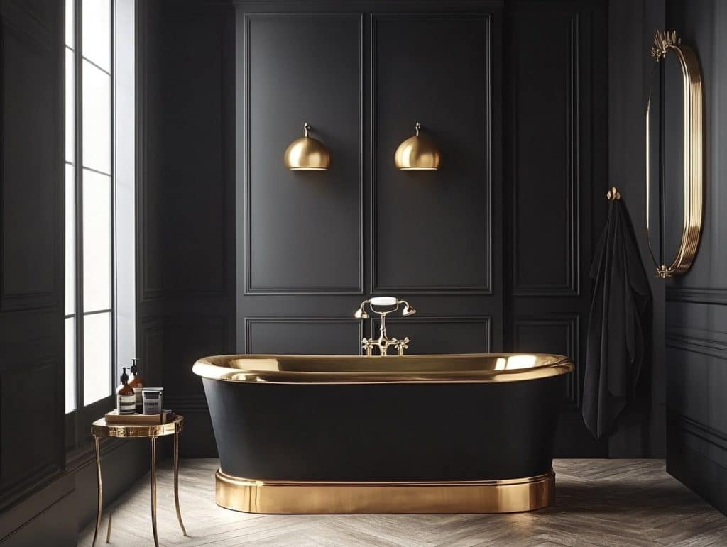 Matte Black Wall with Metallic Fixtures for Contrast