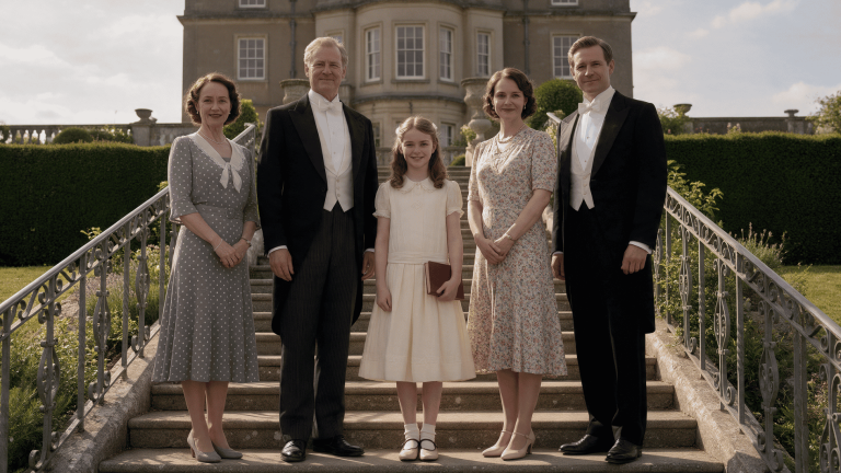 wealthy family with fancy last names in formal vintage clothing standing on grand stone steps outside a mansion