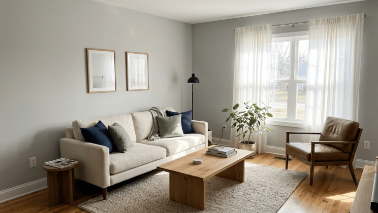 sherwin-williams first star light gray walls in a bright living room with a cream sofa and natural wood furniture