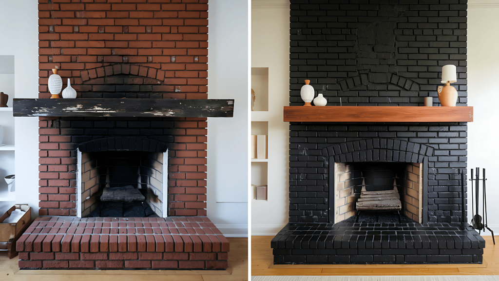 Black Painted Brick with Wood Mantel