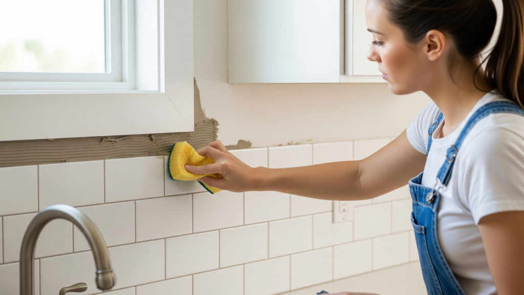 Clean Excess Adhesive and Let Tiles Set